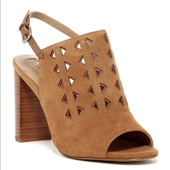 Tahari Marvel Sandals Size 23m Maple Brown Block Heel Suede Cutout Sling Back - Picture 14 of 14
